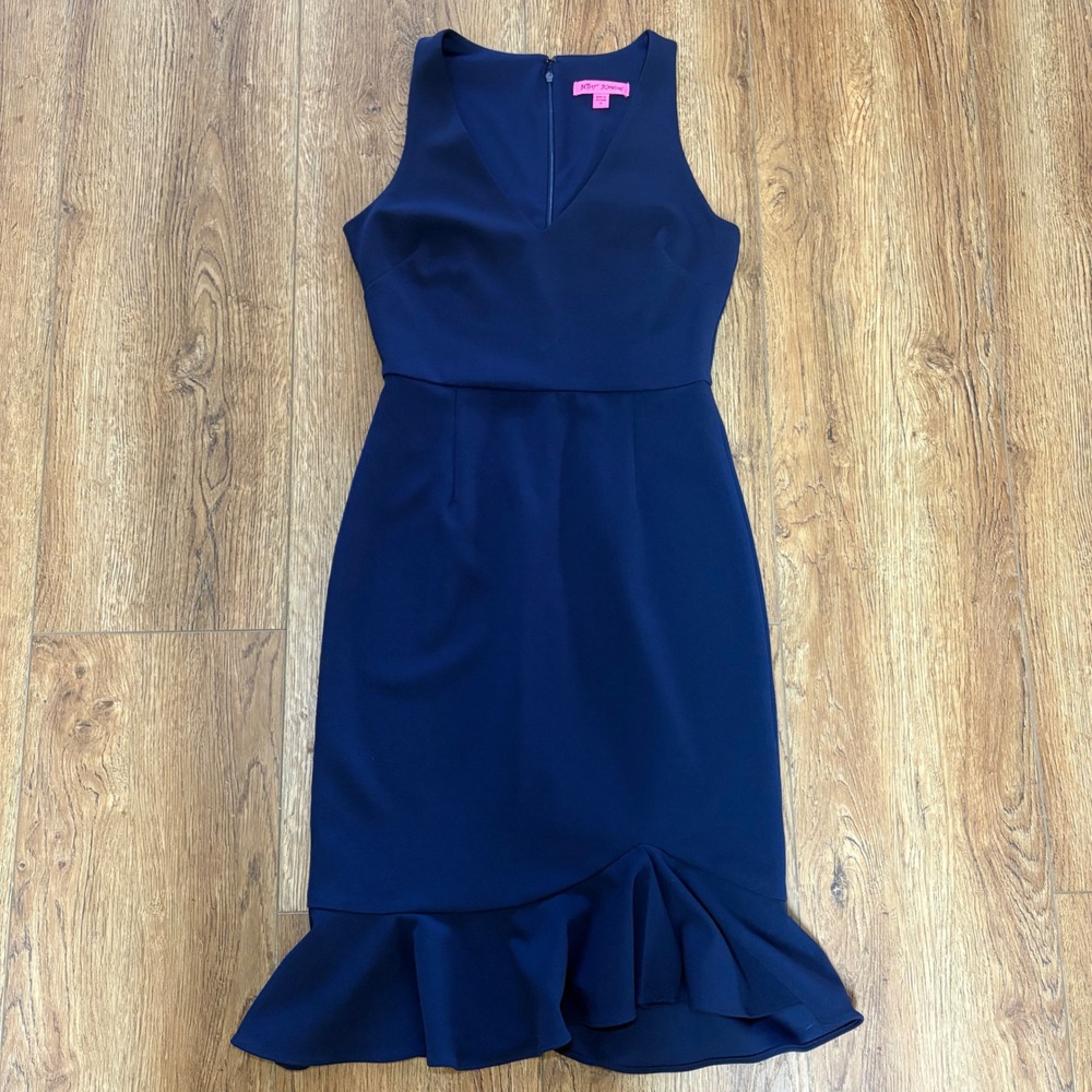 Betsey Johnson Flounce Midi Dress Sleeveless Ruffle Hem Navy Blue‎ Womens Size 2